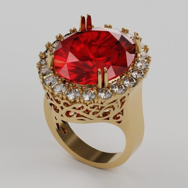 3D model of a gold ring with diamonds and ruby